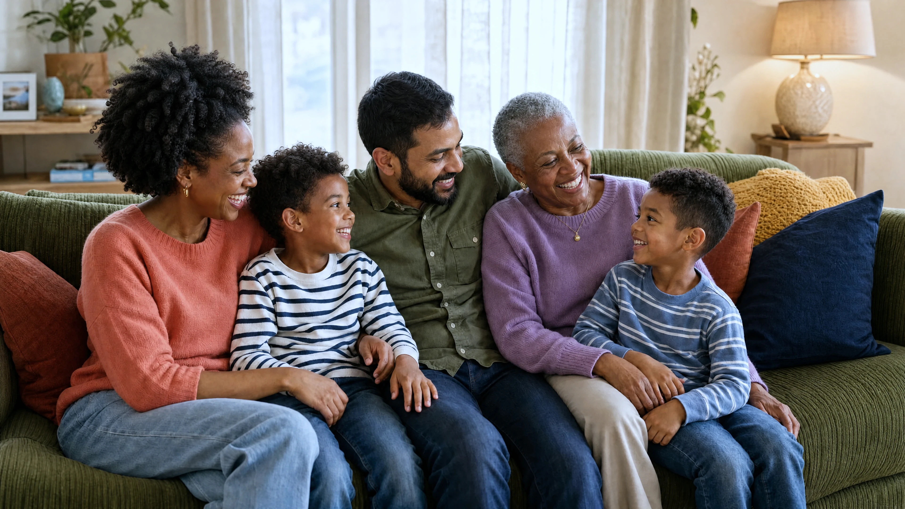 A laughing multi-generational family on a couch — Anna Health family medicine