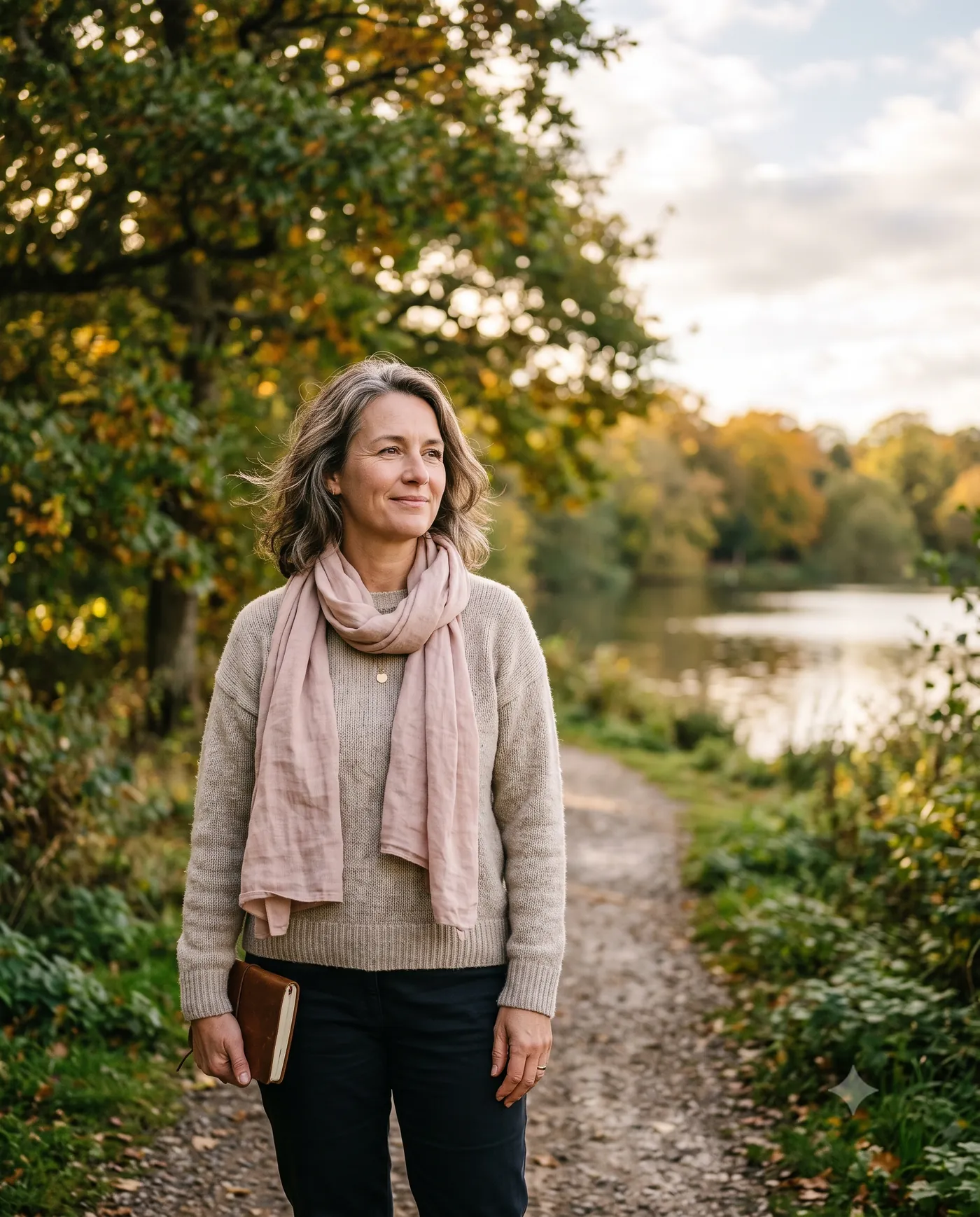 A woman walking on a lakeside path in warm autumn light