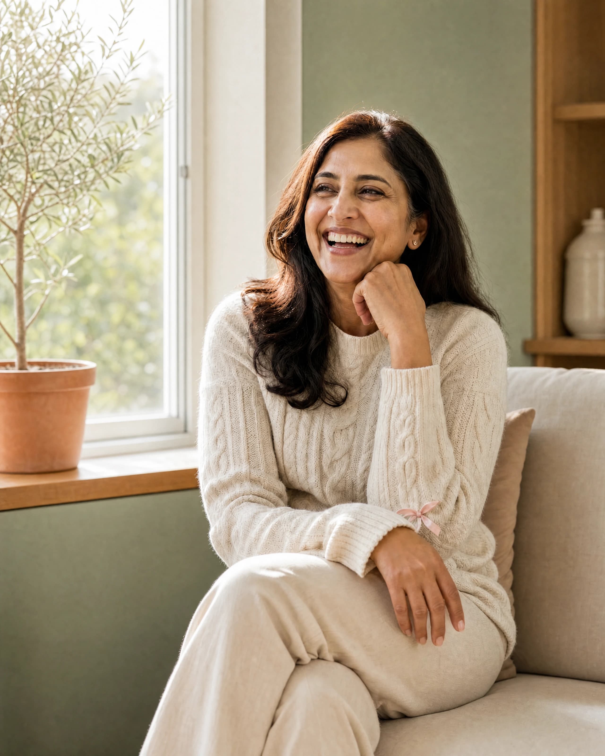 A woman laughing by a sunlit window — Anna Health gynecology & obstetrics